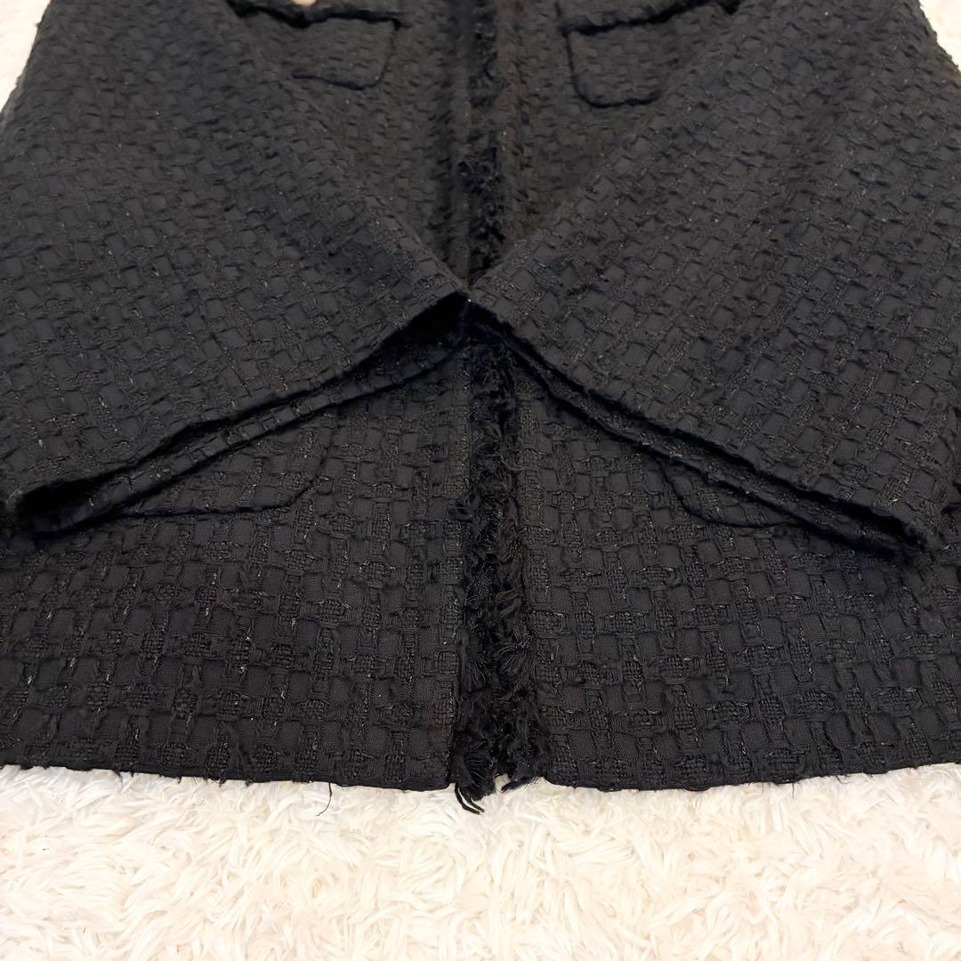 ANAYI ミックスツイード ノーカラー ハーフジャケット パールボタン 黒