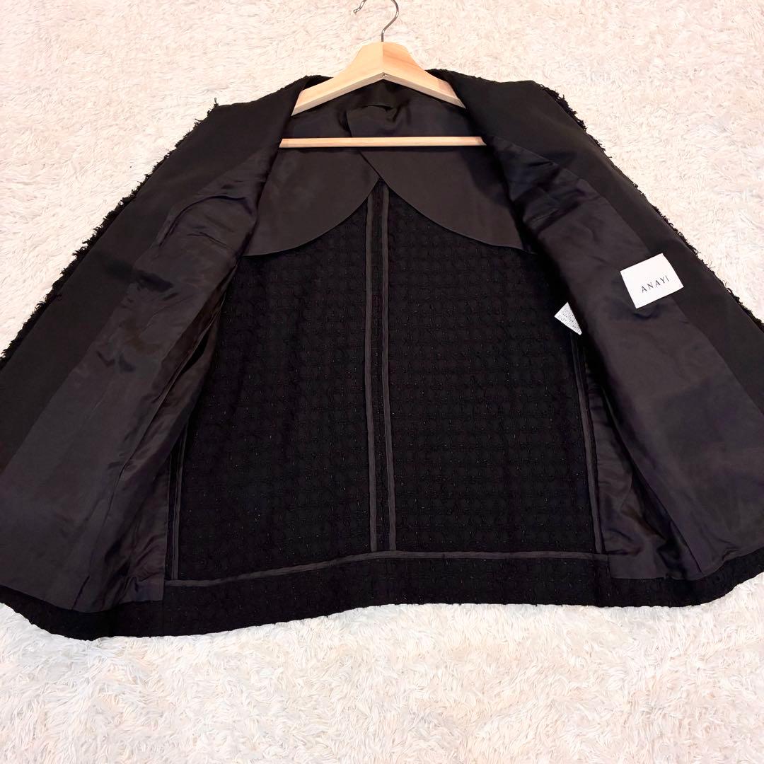 ANAYI ミックスツイード ノーカラー ハーフジャケット パールボタン 黒