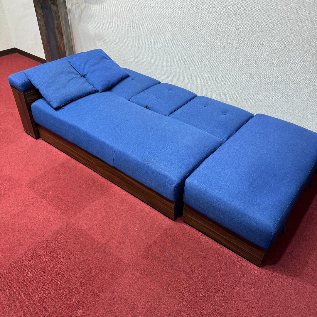 東京23区送料無料 美品モダンデコ二人掛けソファー／ベッド　収納有ネイビーブルー