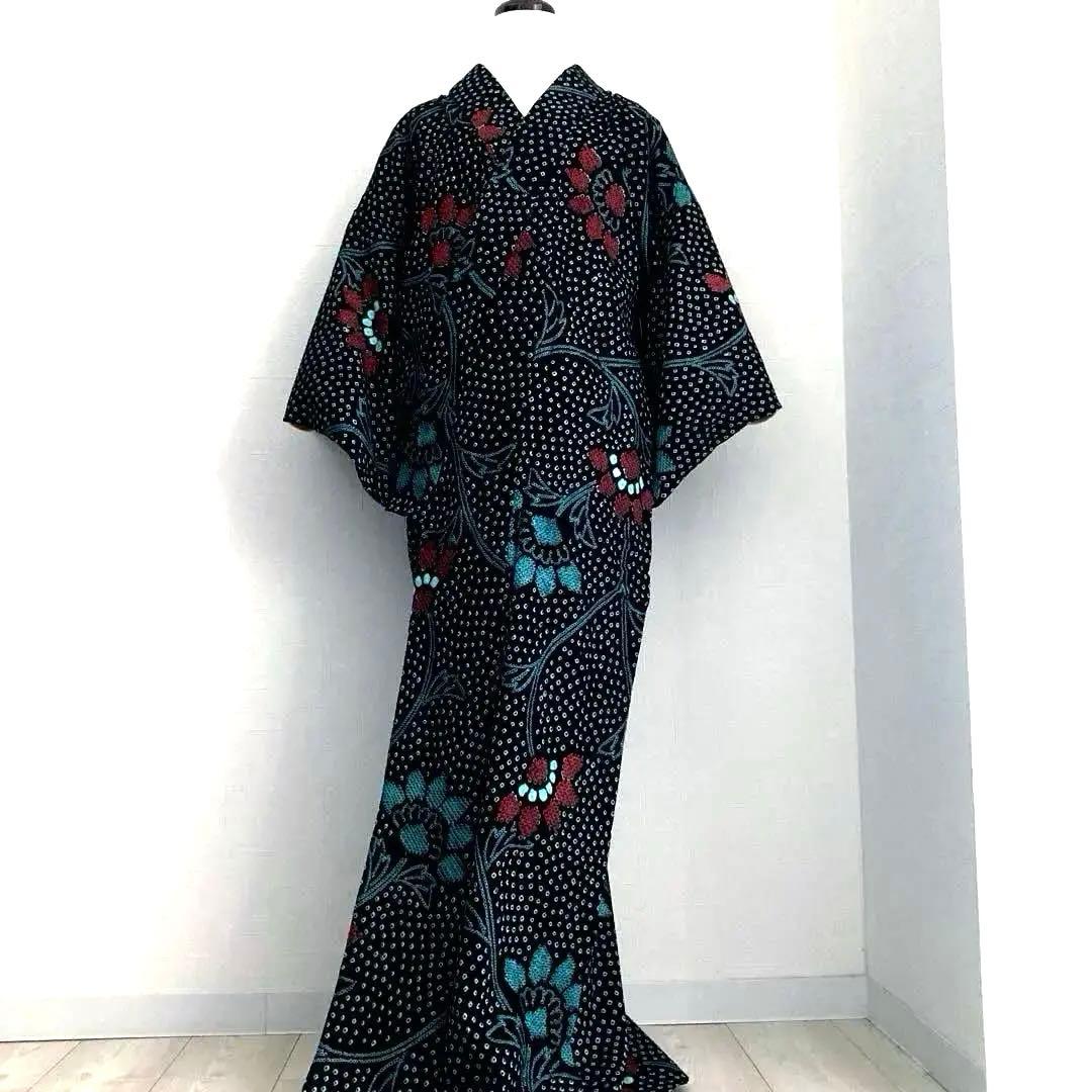 有松絞り　浴衣　手縫い上質浴衣　美品　黒・ターコイズNo.2-130