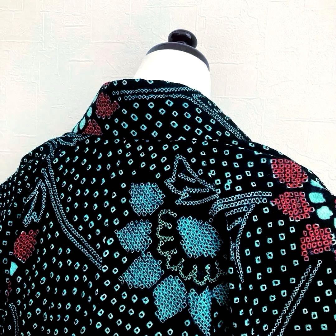 有松絞り　浴衣　手縫い上質浴衣　美品　黒・ターコイズNo.2-130