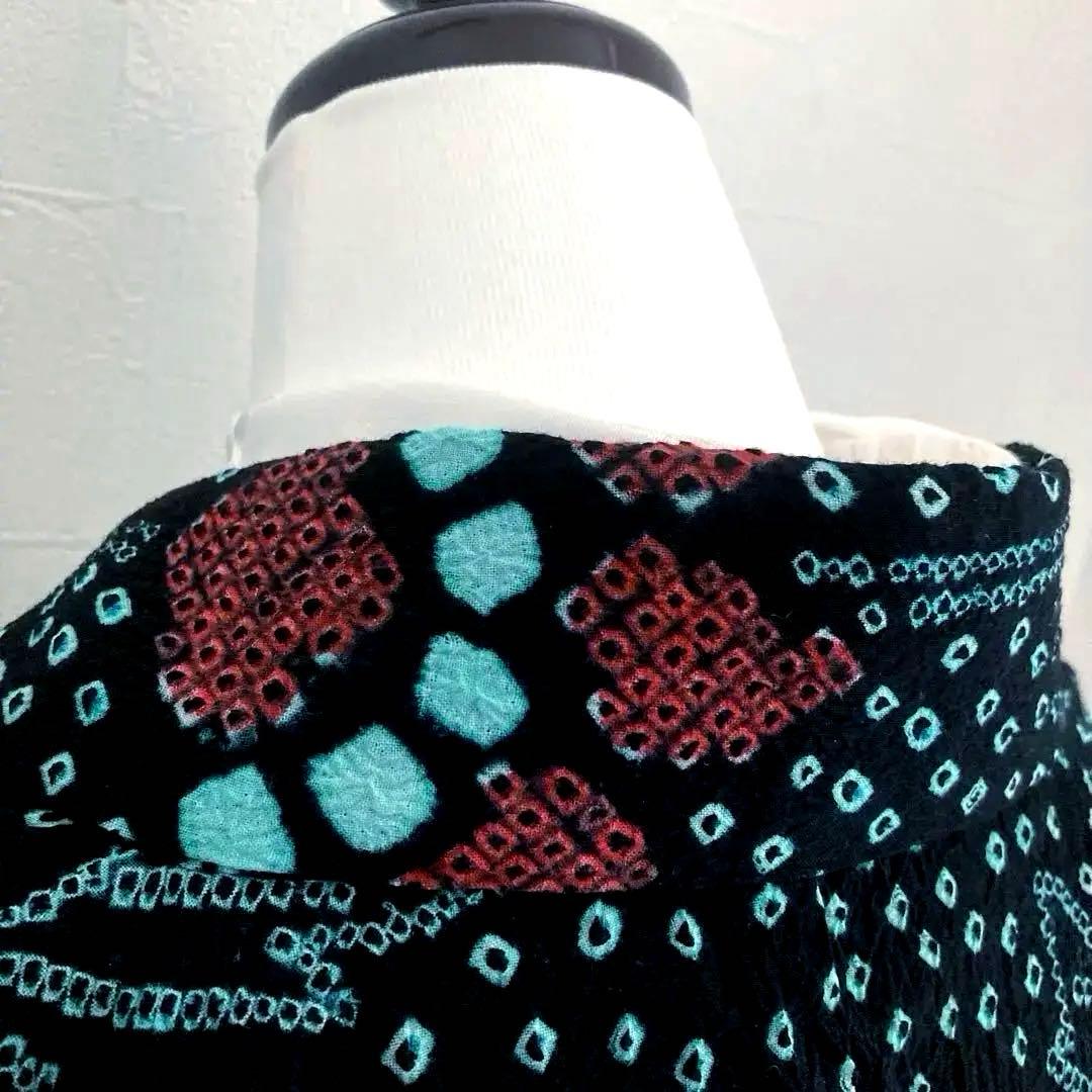 有松絞り　浴衣　手縫い上質浴衣　美品　黒・ターコイズNo.2-130