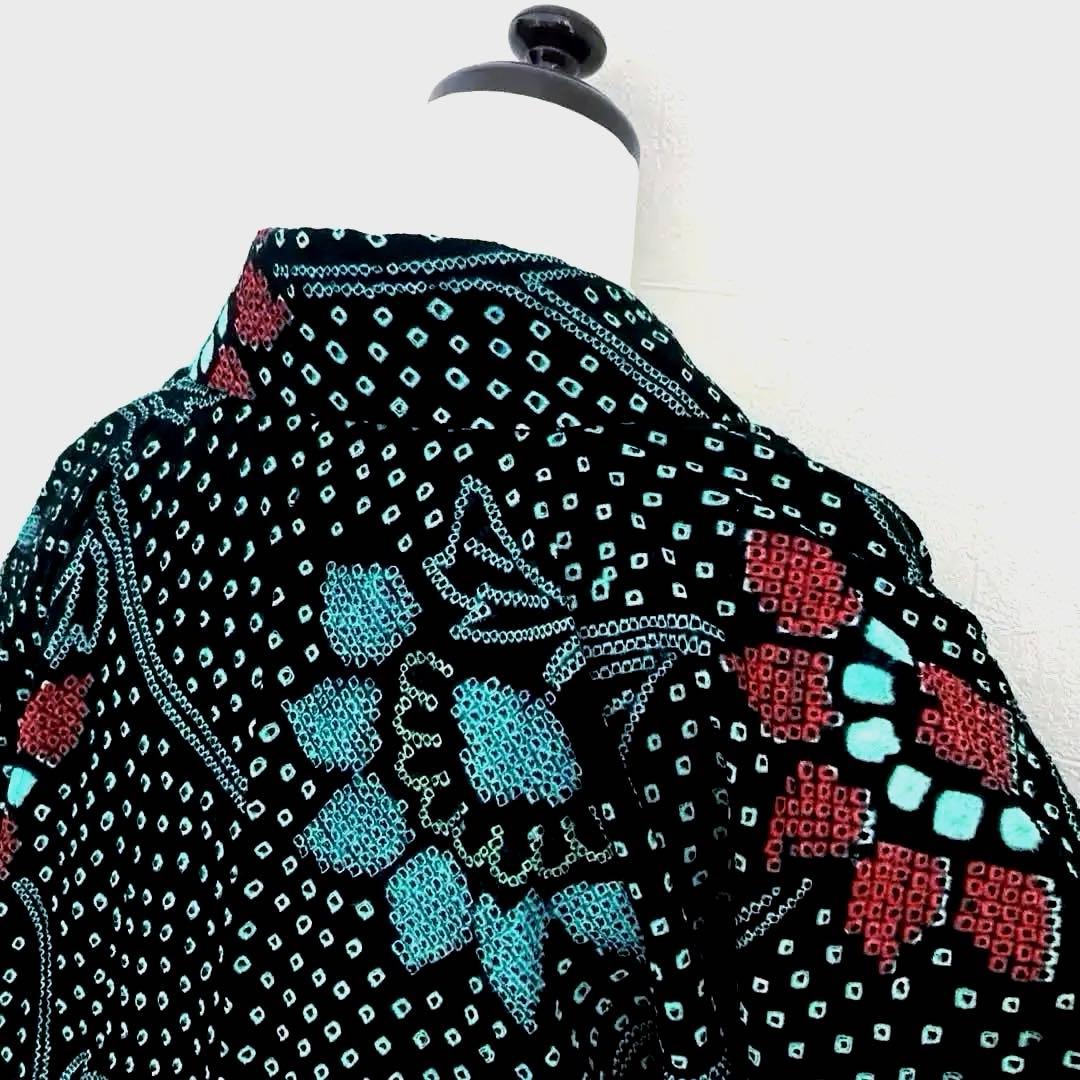 有松絞り　浴衣　手縫い上質浴衣　美品　黒・ターコイズNo.2-130