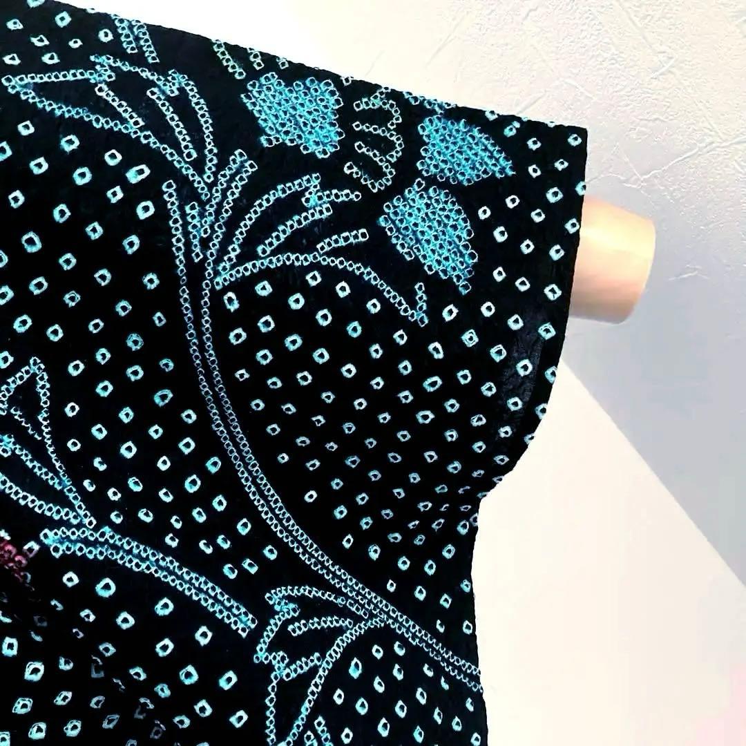 有松絞り　浴衣　手縫い上質浴衣　美品　黒・ターコイズNo.2-130