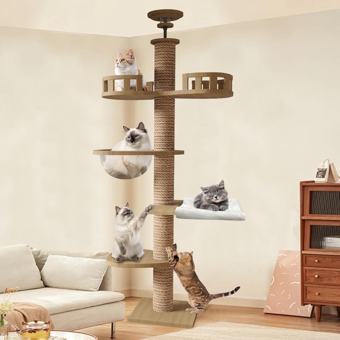 ✨人気✨キャットタワー 突っ張り 木製 キャットツリー 木登りタワー 多層無垢材