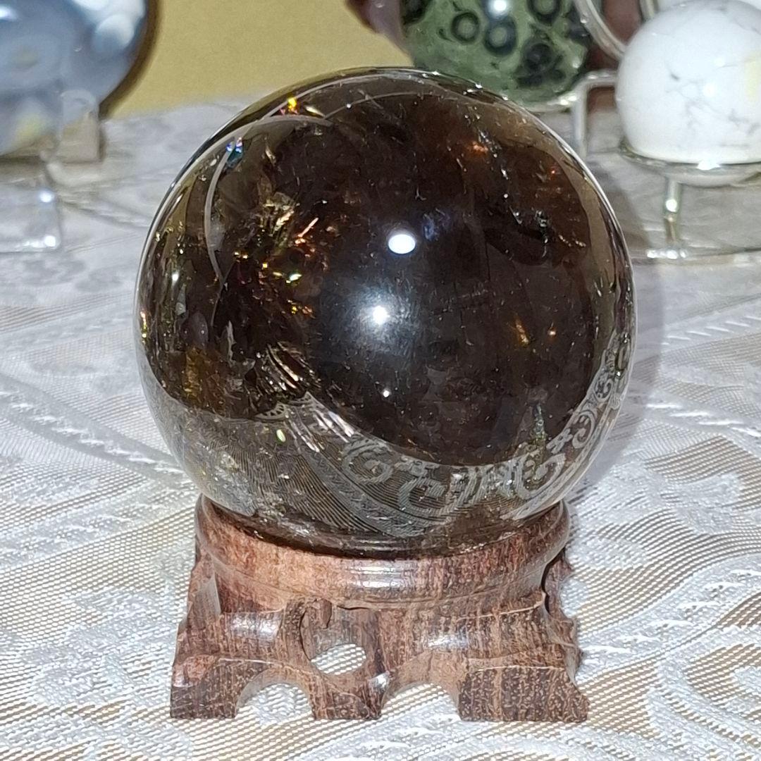 天然石✨️スモーキークォーツ　スフィア✨️爆虹キラキラ　台座付き