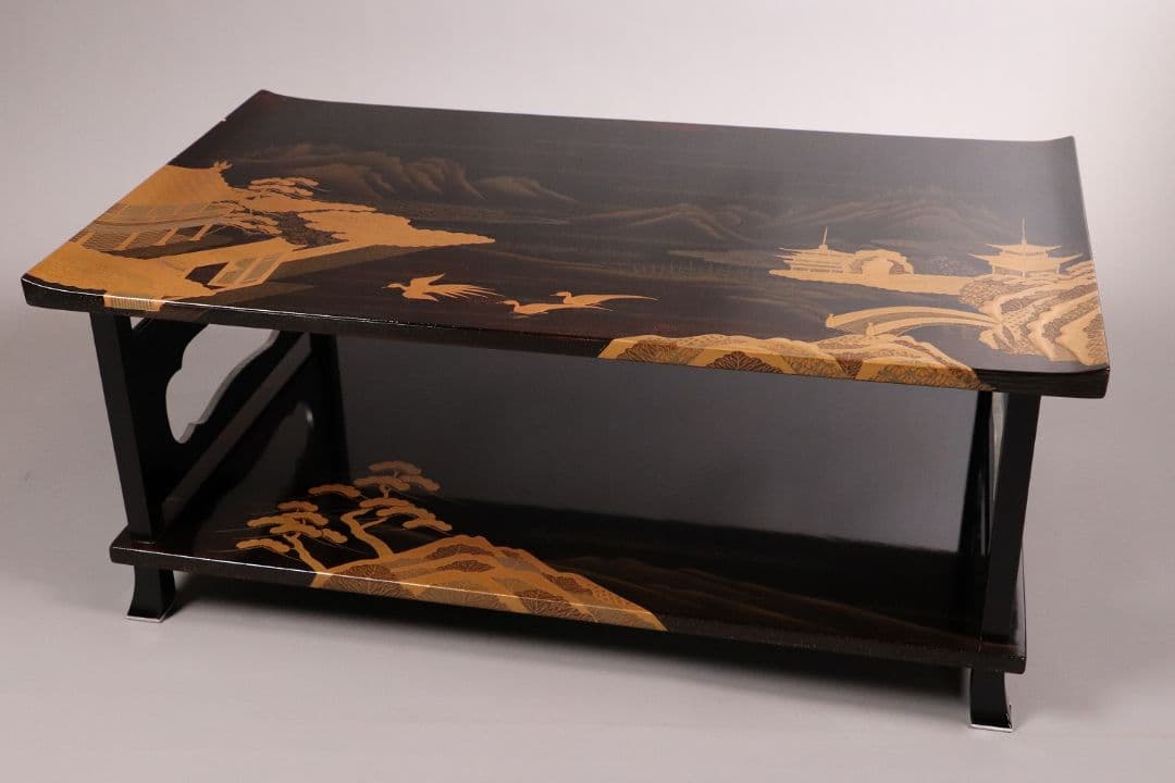 輪島塗 蒔絵師 久世宗春 山水金蒔絵 冠卓 二段卓 花台 黒塗【MA189】