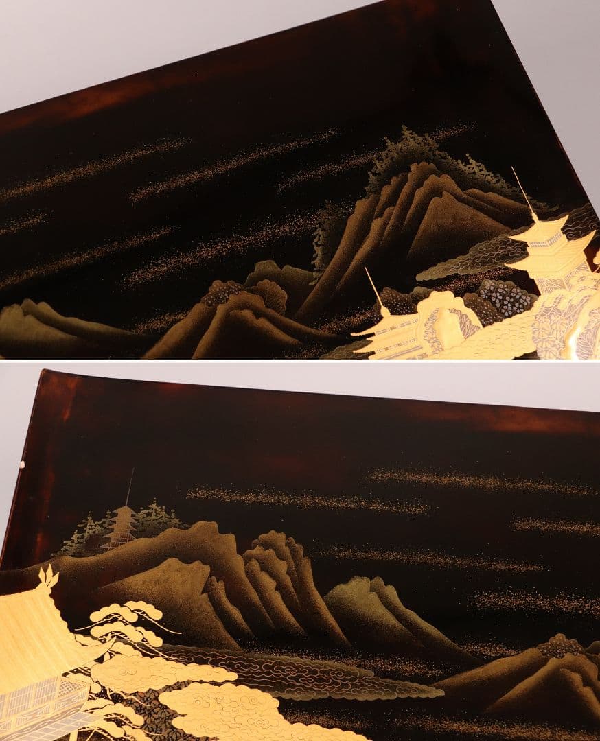 輪島塗 蒔絵師 久世宗春 山水金蒔絵 冠卓 二段卓 花台 黒塗【MA189】