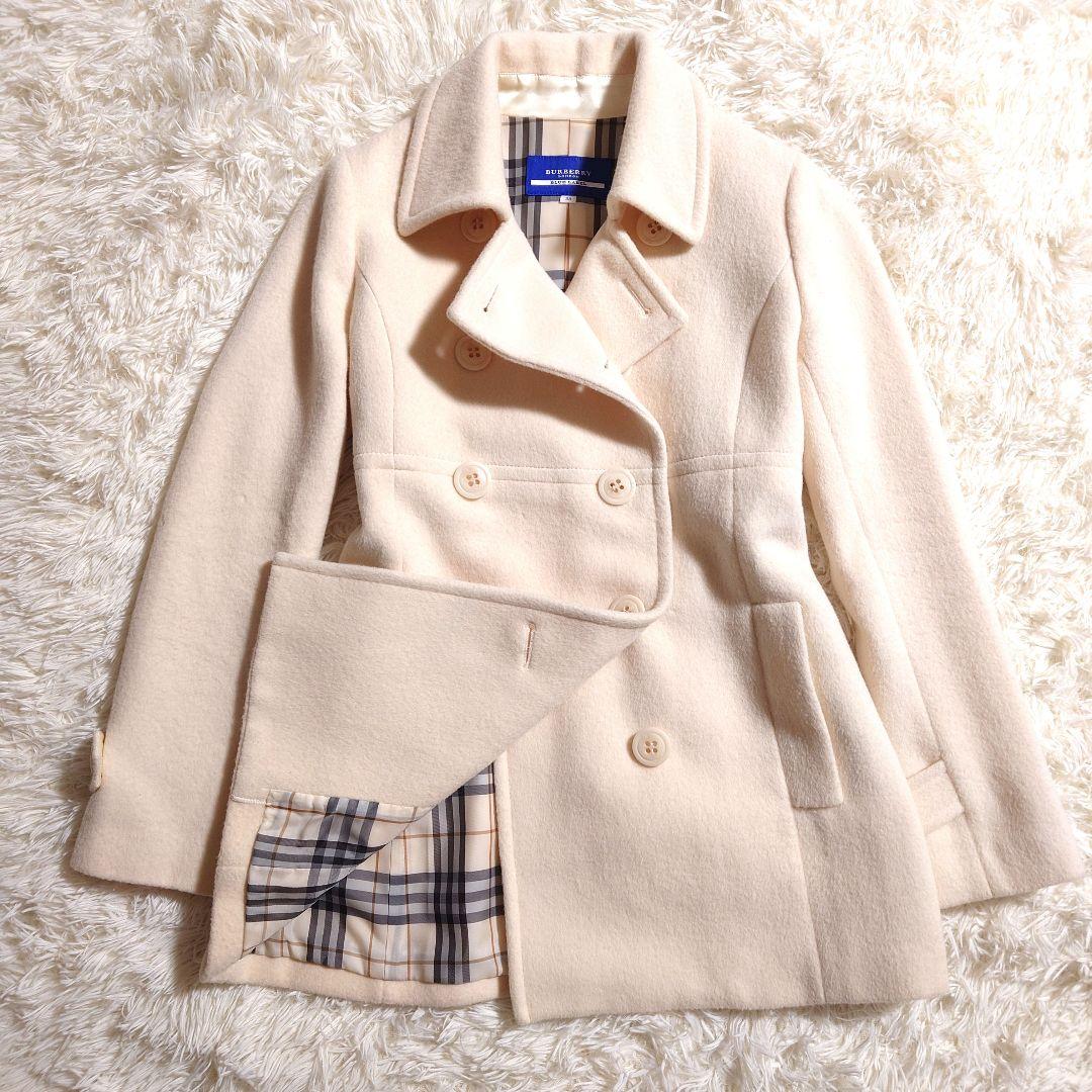 バーバリーブルーレーベル ピーコート アンゴラ アルパカ メガチェック アイボリ