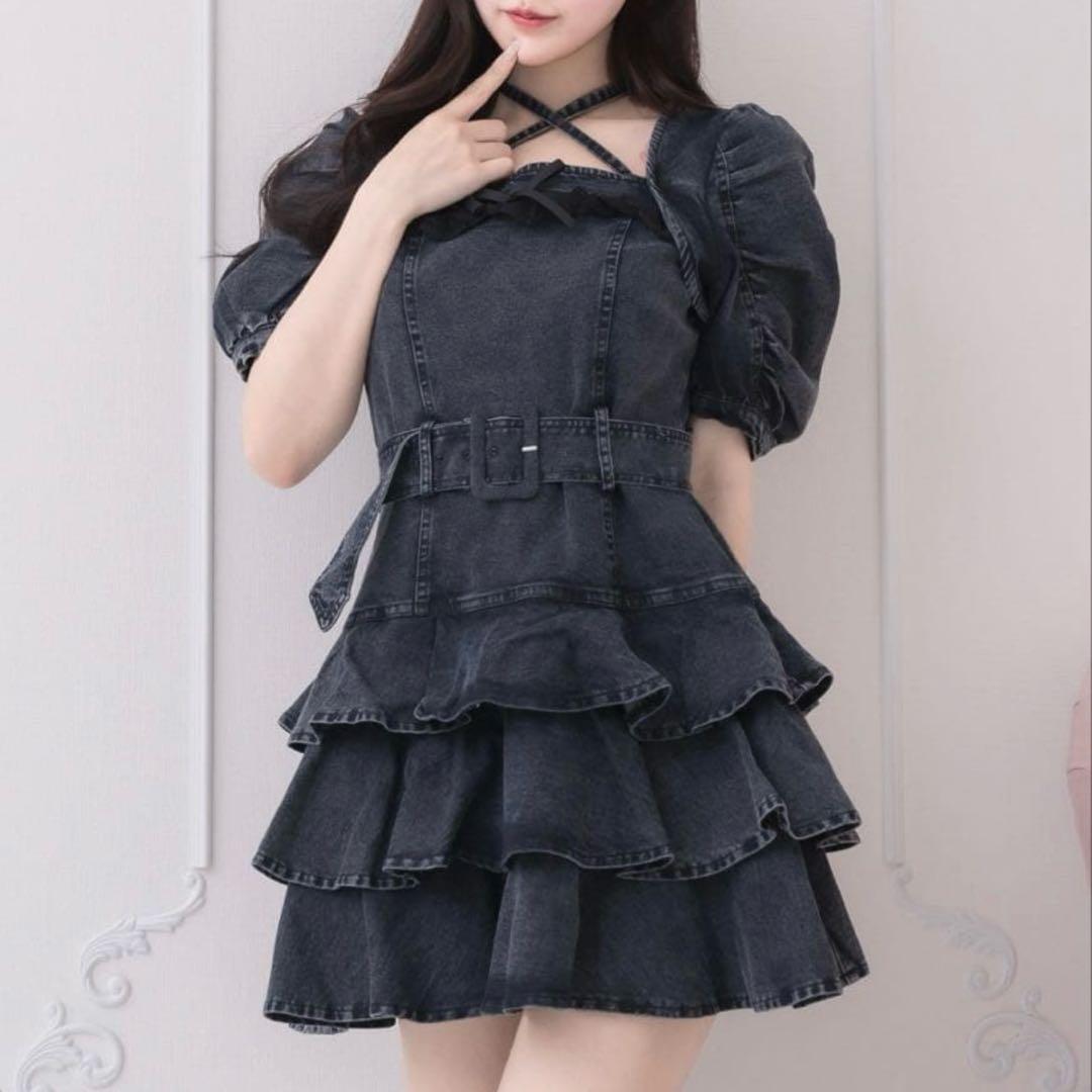 pium ピウム ティアードフリルミニワンピース ブラック デニム