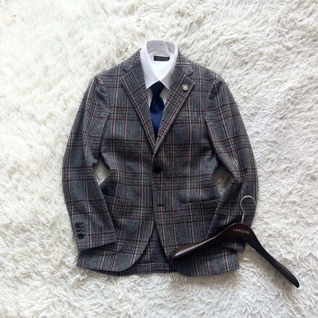 <美品>LARDINI グレー チェック ウール ジャケットサイズ42