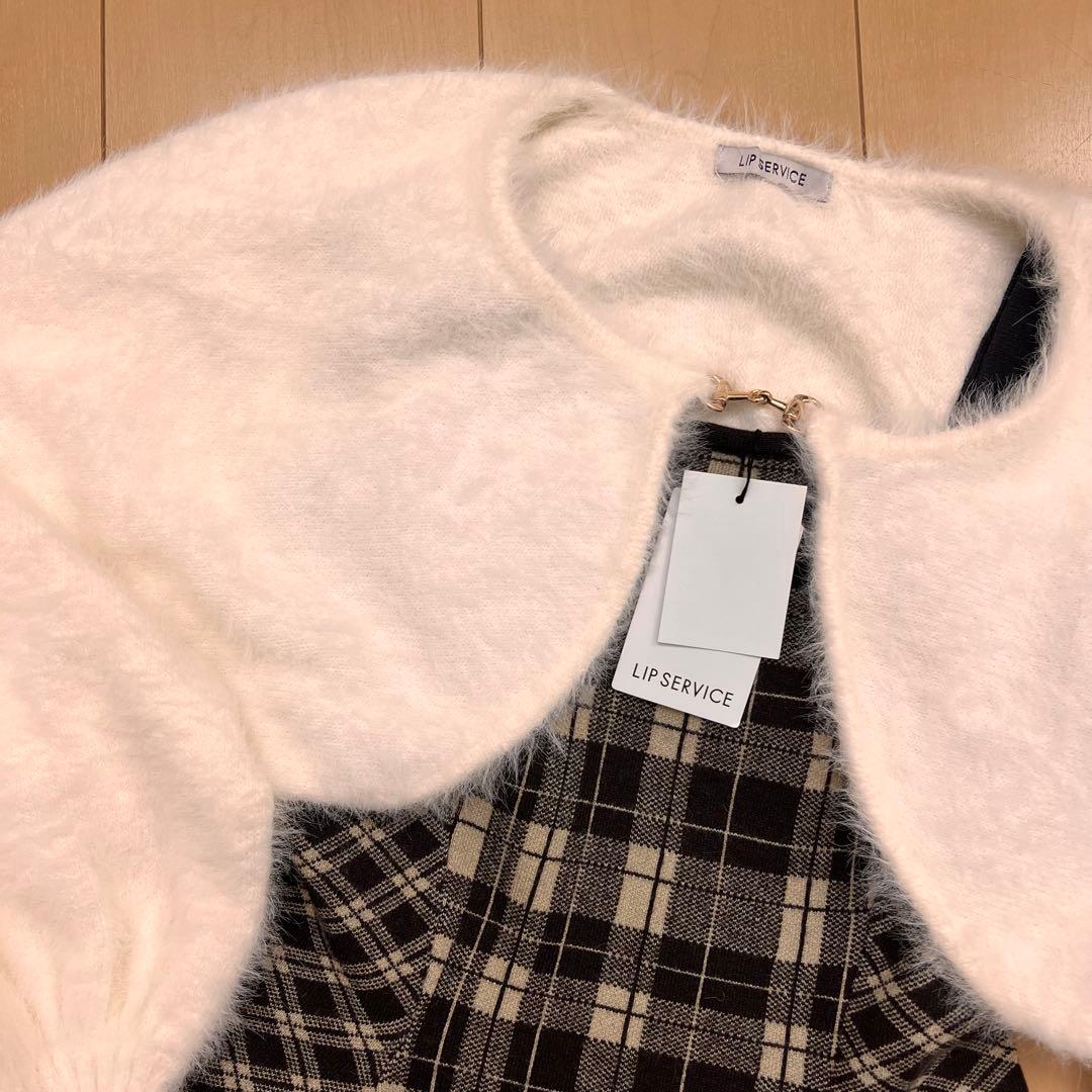 20新品リップサービス定価13090円フェザーチェックアンサンブルワンピース茶M