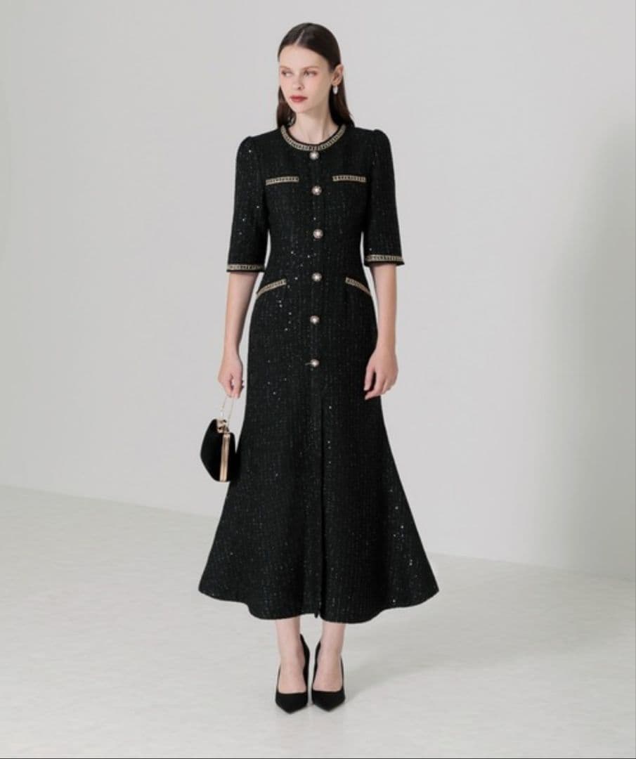 美品✨LEJA　ラメ混ツイードレザーパイピングパール釦スパンコールマーメイド　S