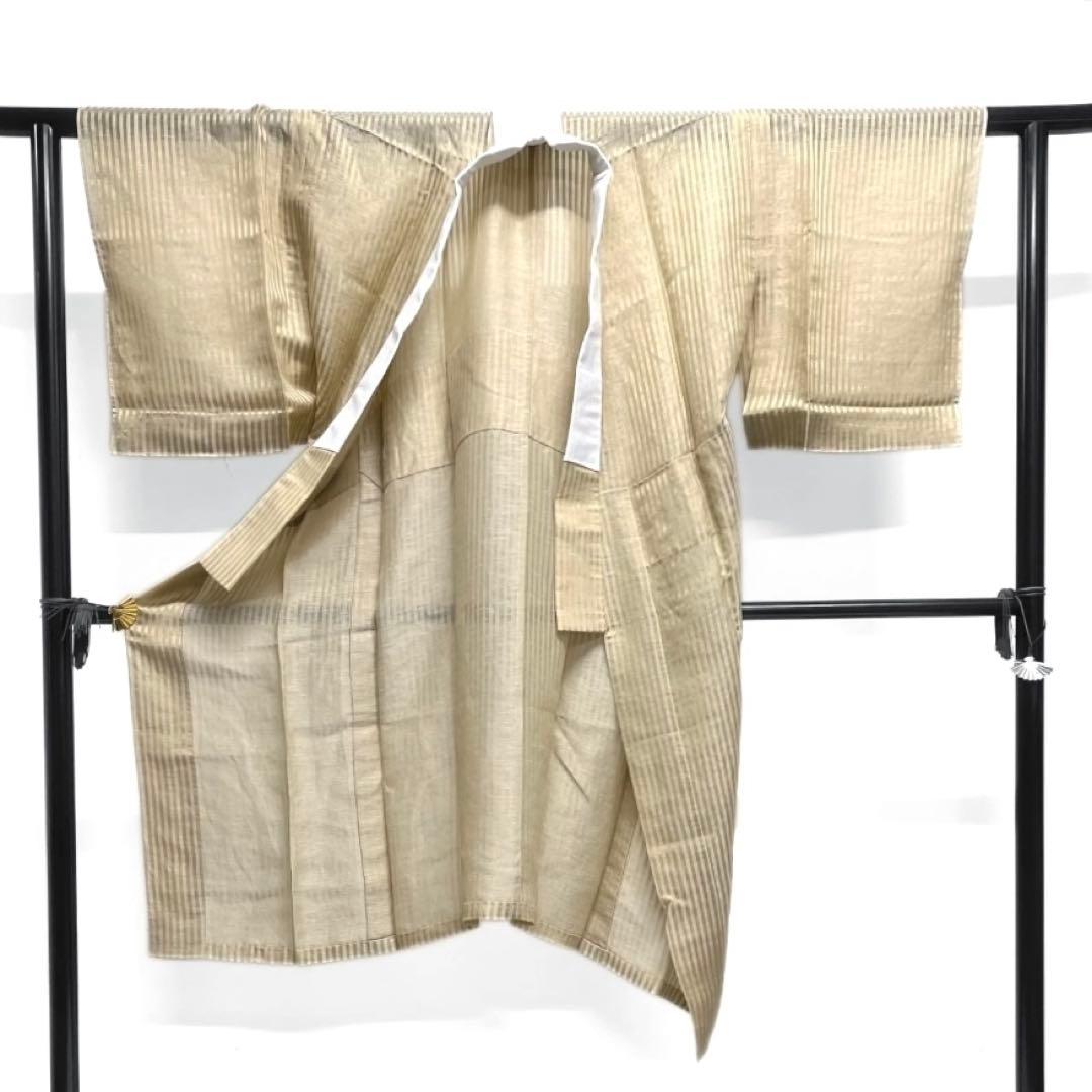 未着用　長襦袢　夏用　綿麻　縦縞　ベージュ　着物　042a d