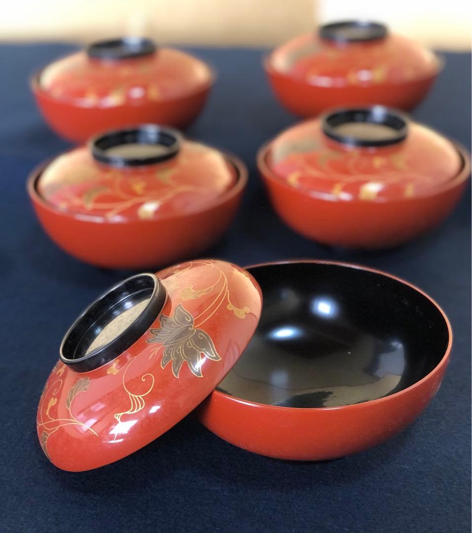 《R》輪島塗 古代朱塗 法想華蒔絵 煮物椀5客 木製漆器 木箱 251218か1