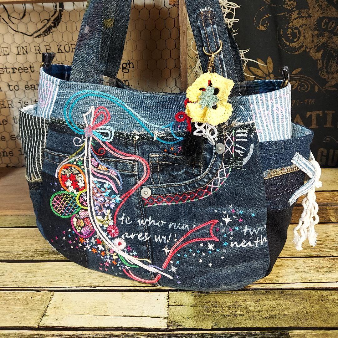 【ぽこぽん】刺繍デニムバックNo.633　刺繍ポーチNo.183