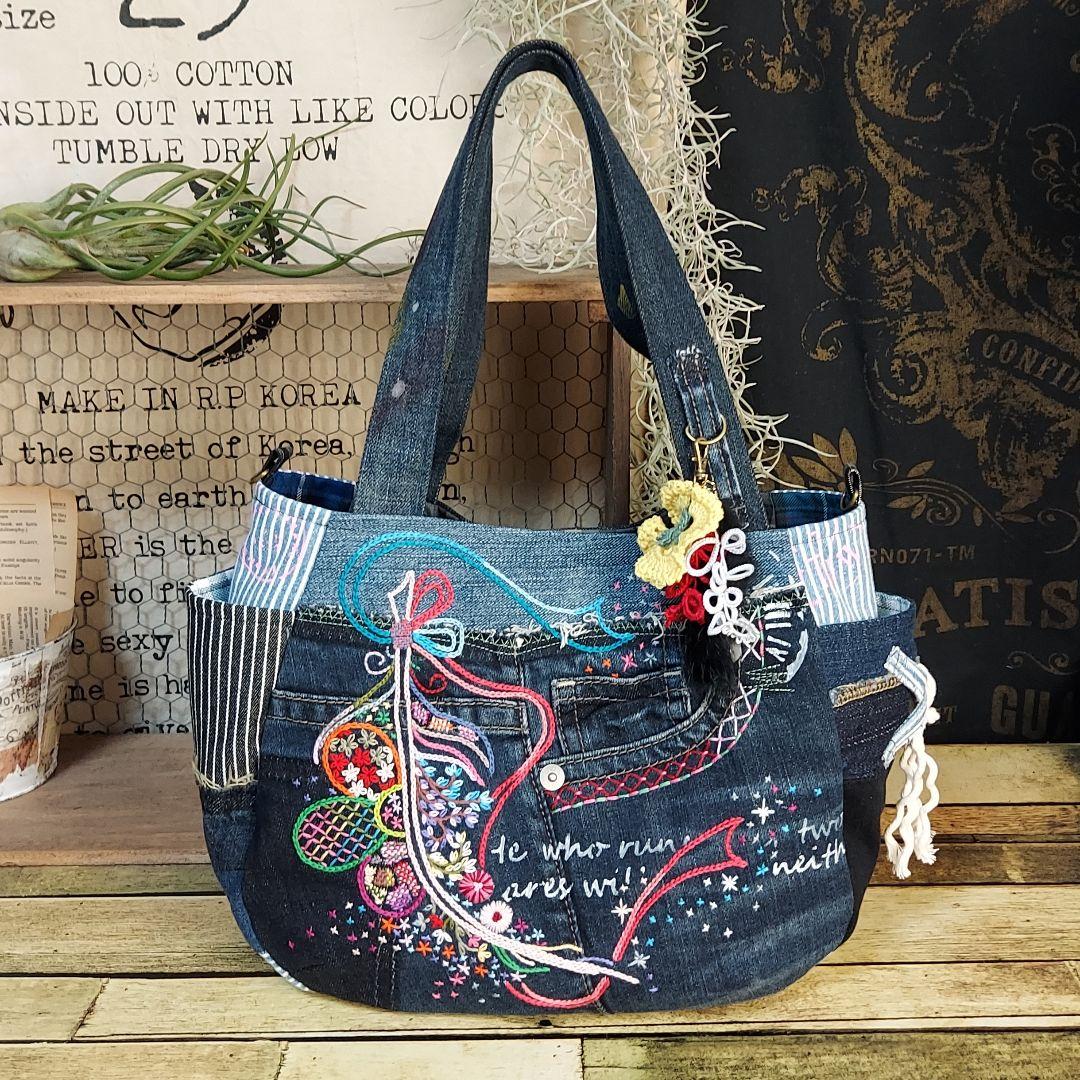 【ぽこぽん】刺繍デニムバックNo.633　刺繍ポーチNo.183