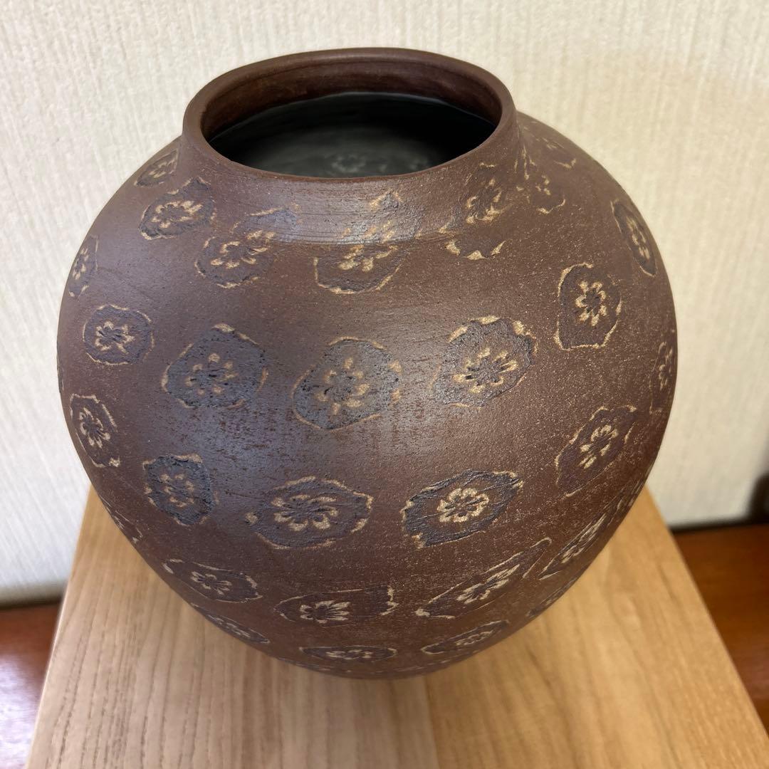 民芸益子焼 伝統工芸士 大塚健一【 菊花紋大花瓶】保管用桐