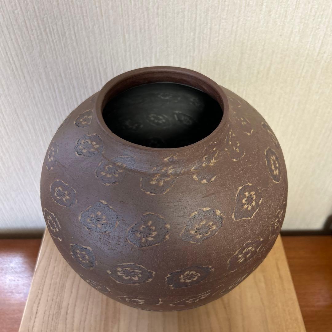 民芸益子焼 伝統工芸士 大塚健一【 菊花紋大花瓶】保管用桐