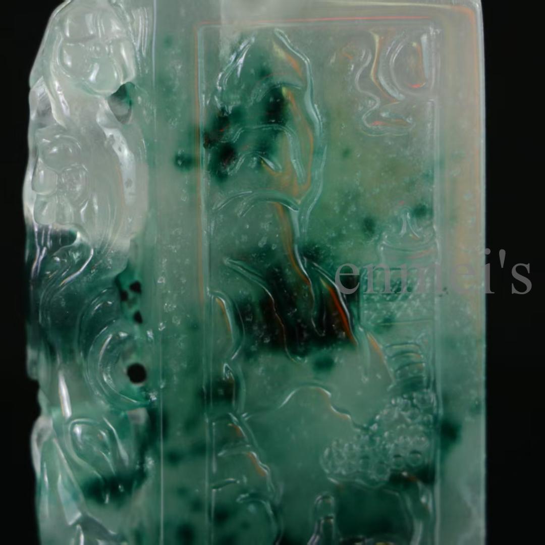 天然高氷種翡翠 山水図彫刻アート 長方形牌 縁起 中国美術品 贈答・収蔵・観賞用