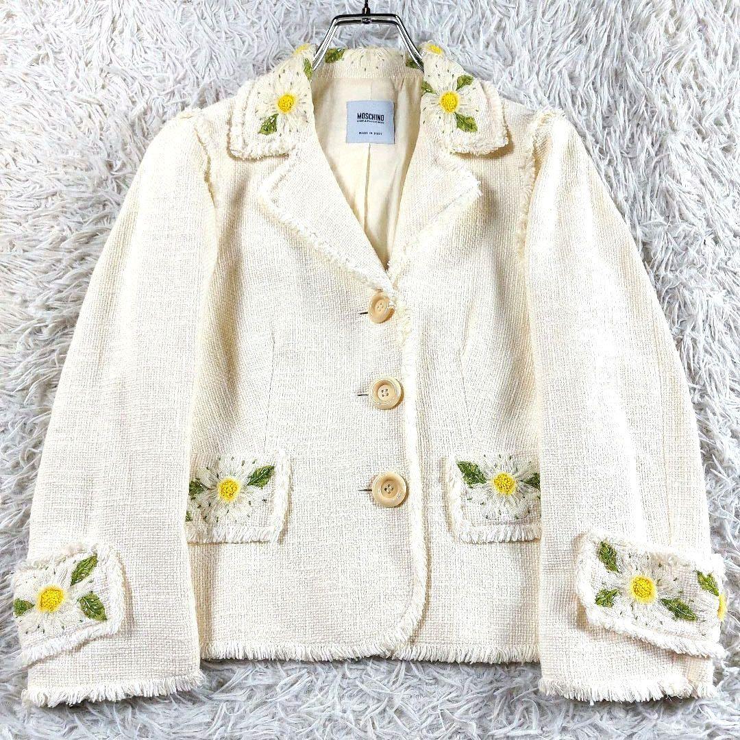 モスキーノ ビーズ 装飾ビジュー デカボタン 短丈 ツイードテーラードジャケット