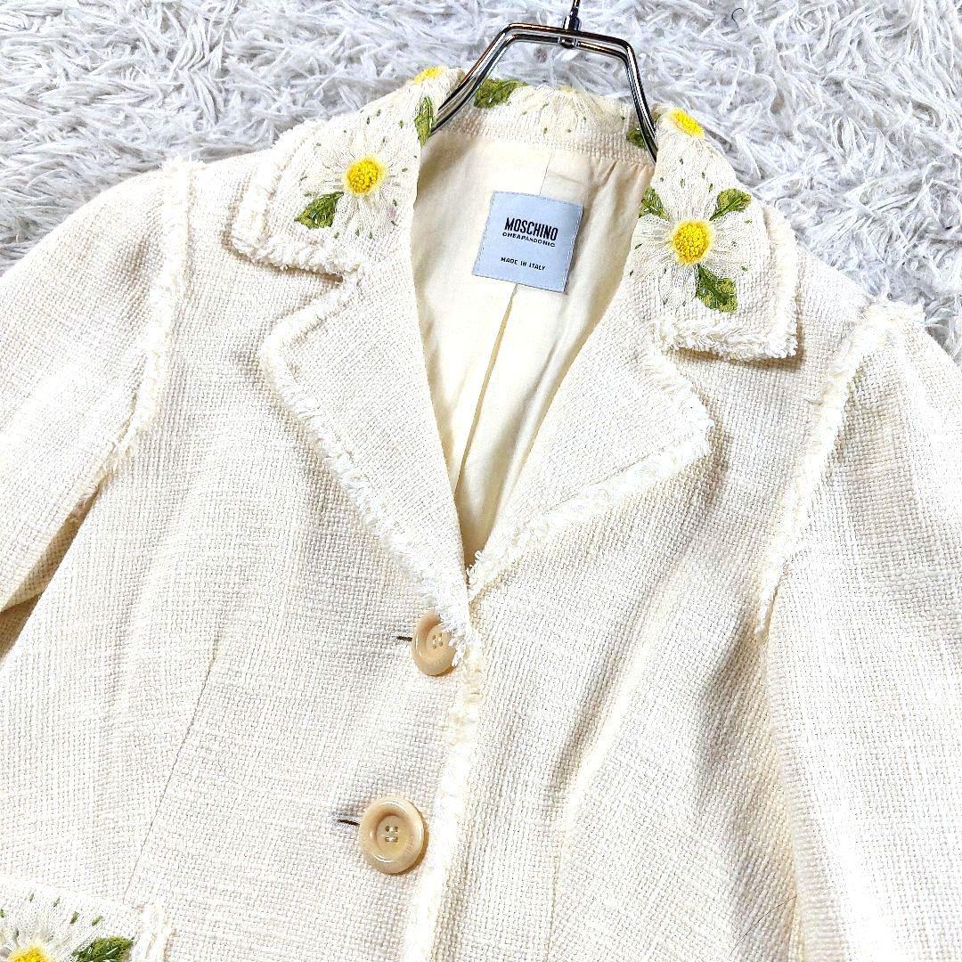 モスキーノ ビーズ 装飾ビジュー デカボタン 短丈 ツイードテーラードジャケット