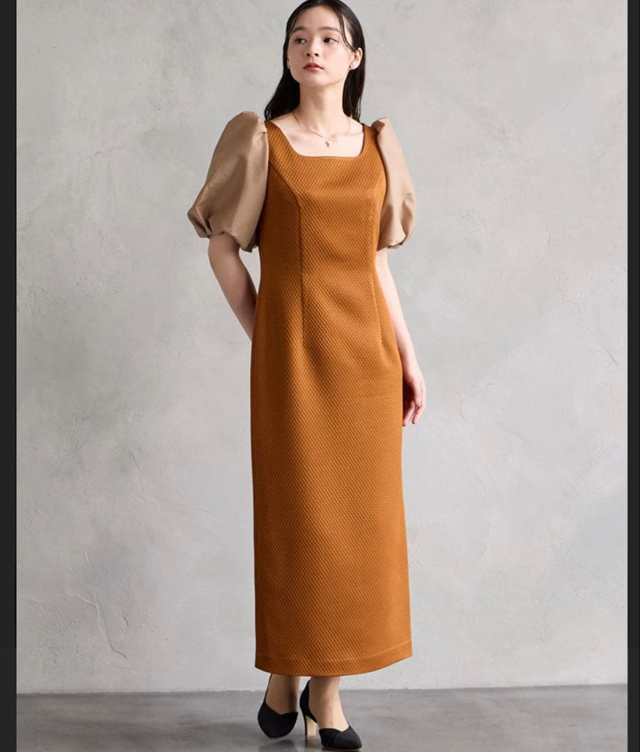 AIMER ジャカード×オーガンジーボリュームスリーブタイト　パーティードレス