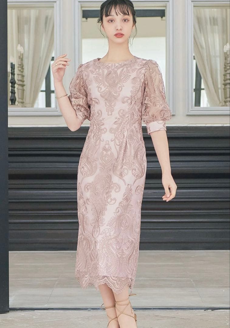 haremode 刺繍レース バックリボン タイトドレス