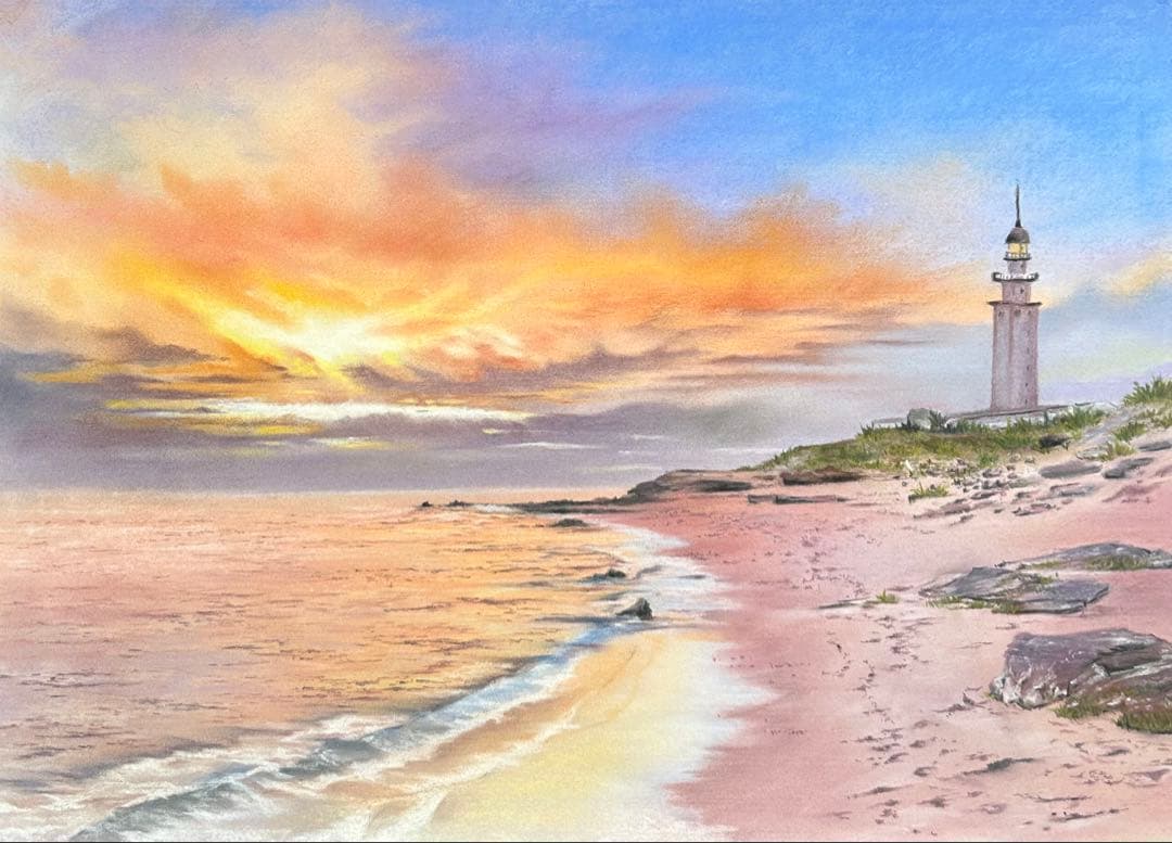 夕陽に輝く海 パステル画 原画