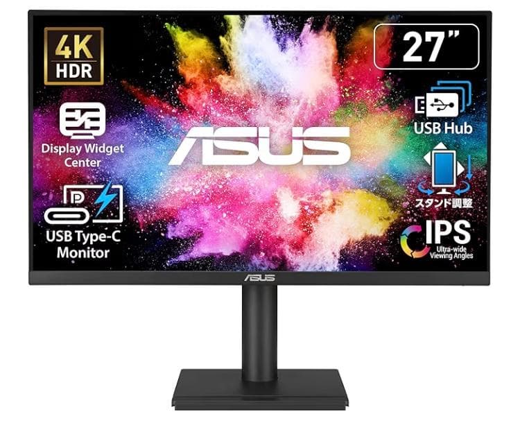 ASUS 27型4Kモニター Type-C給電 USB4端子付で周辺機器直結可