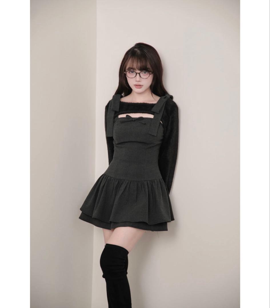 BunnyLis ふわもこボレロ×ストライプミニワンピースセット ブラック S