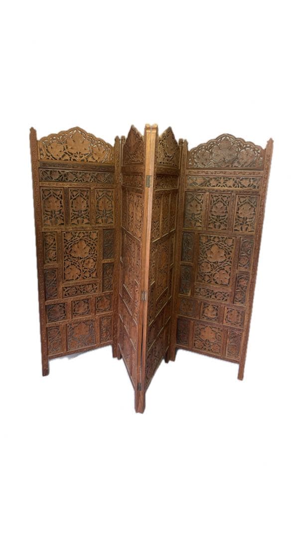 【最終値下げ】アジアンビンテージ家具　木製　透かし彫り　4連 パーテーション