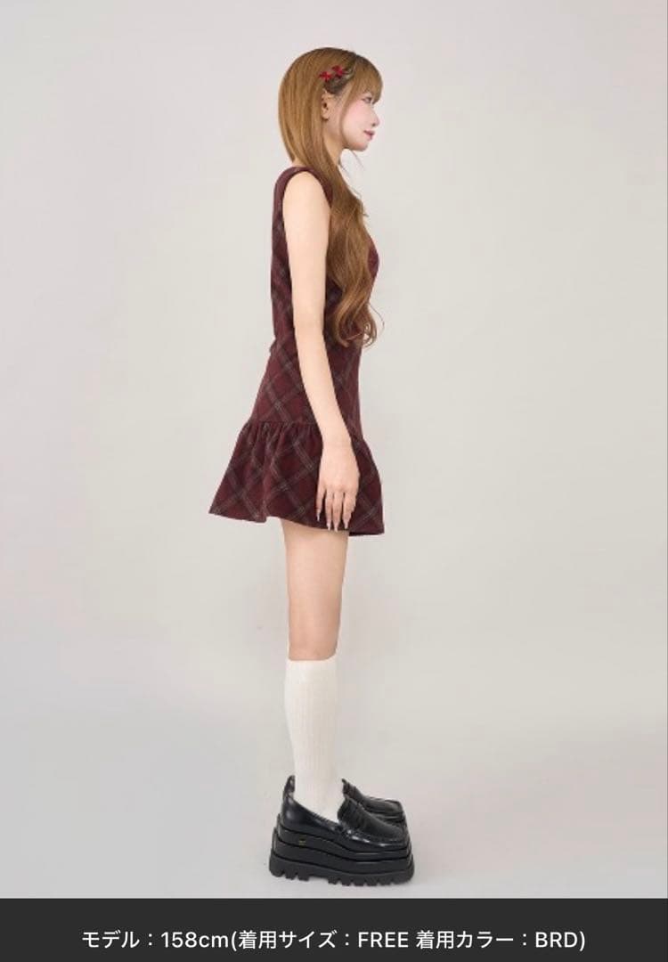 ノースリーブミニワンピース バーガンディチェック