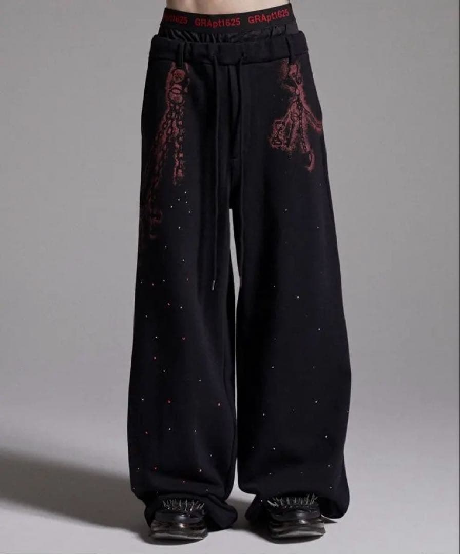 GRANCY ラインストーンデザインレイヤードスウェットパンツ ブラック