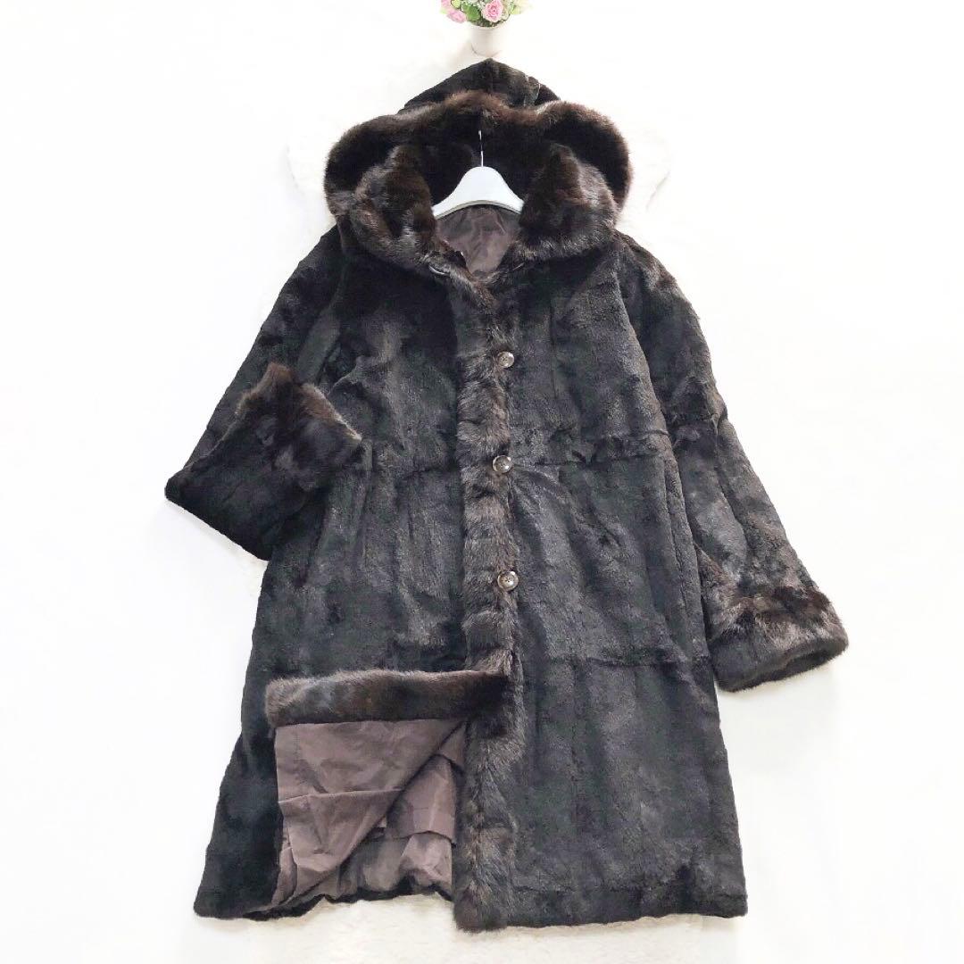 フーテッドリアルファーコート　リス　フード　ロング丈　毛皮　ブラウン