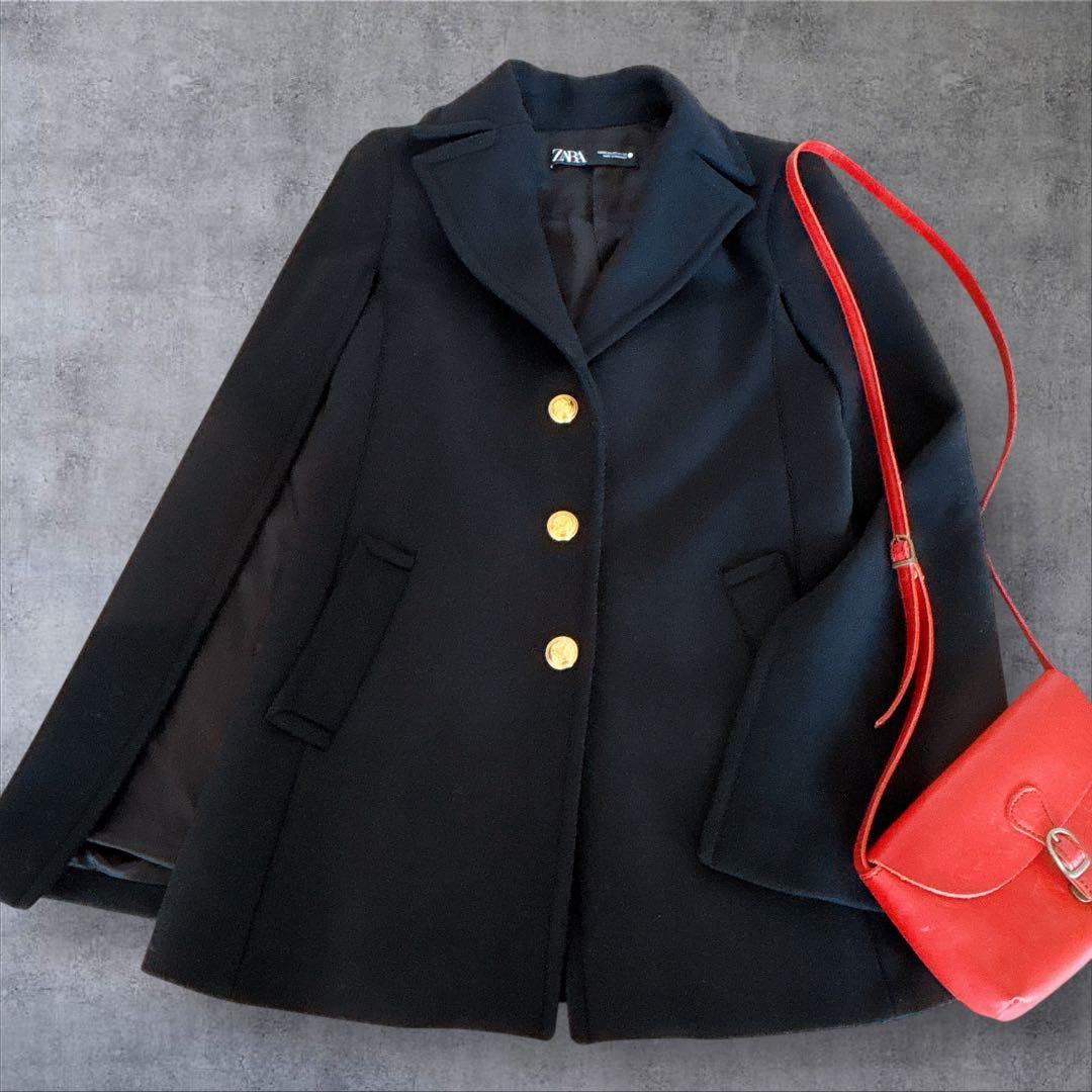 【ザラ】ケープコート　ポンチョ　金ボタン　マンテコ　ウール　完売品　黒　S〜M