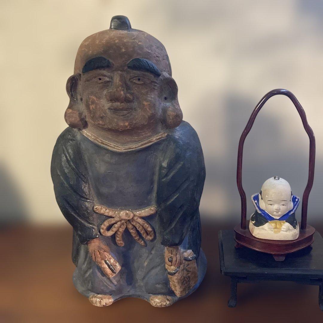 西郷どん似のジャンボ福助(当時物) ＆　可愛らしいミニ福助の2点セットです。