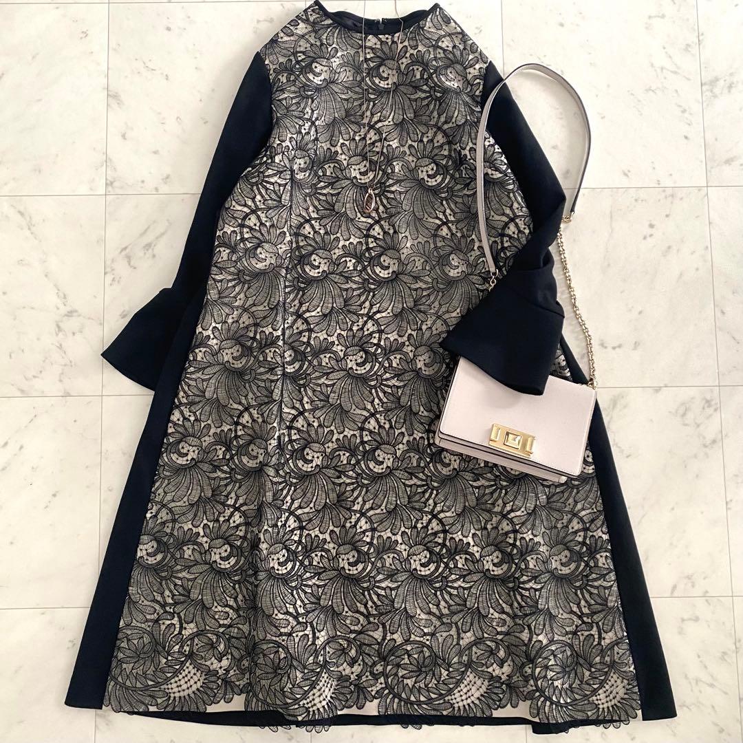 美品 アドーア ADORE ファインコードレース切り替えワンピース 38