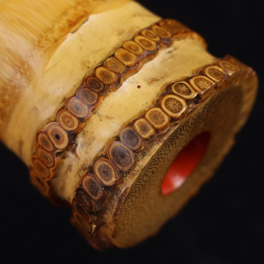 Y3273-1 琴古流 尺八 隆風銘 銀三線 螺鈿細工 全長40㎝ 竹製　EE