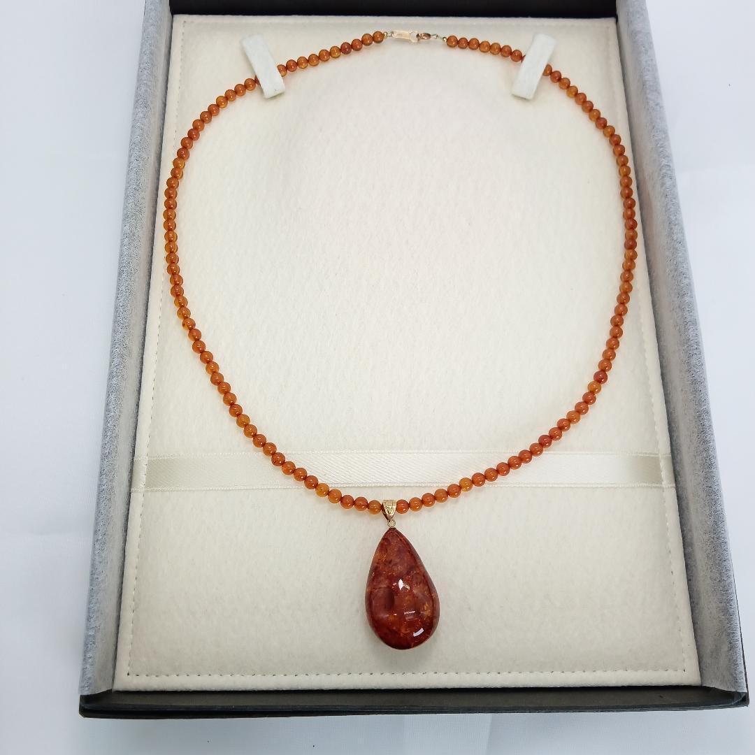 琥珀 ネックレス 18K 天然石 アンバー パワーストーン 18金 しずく型