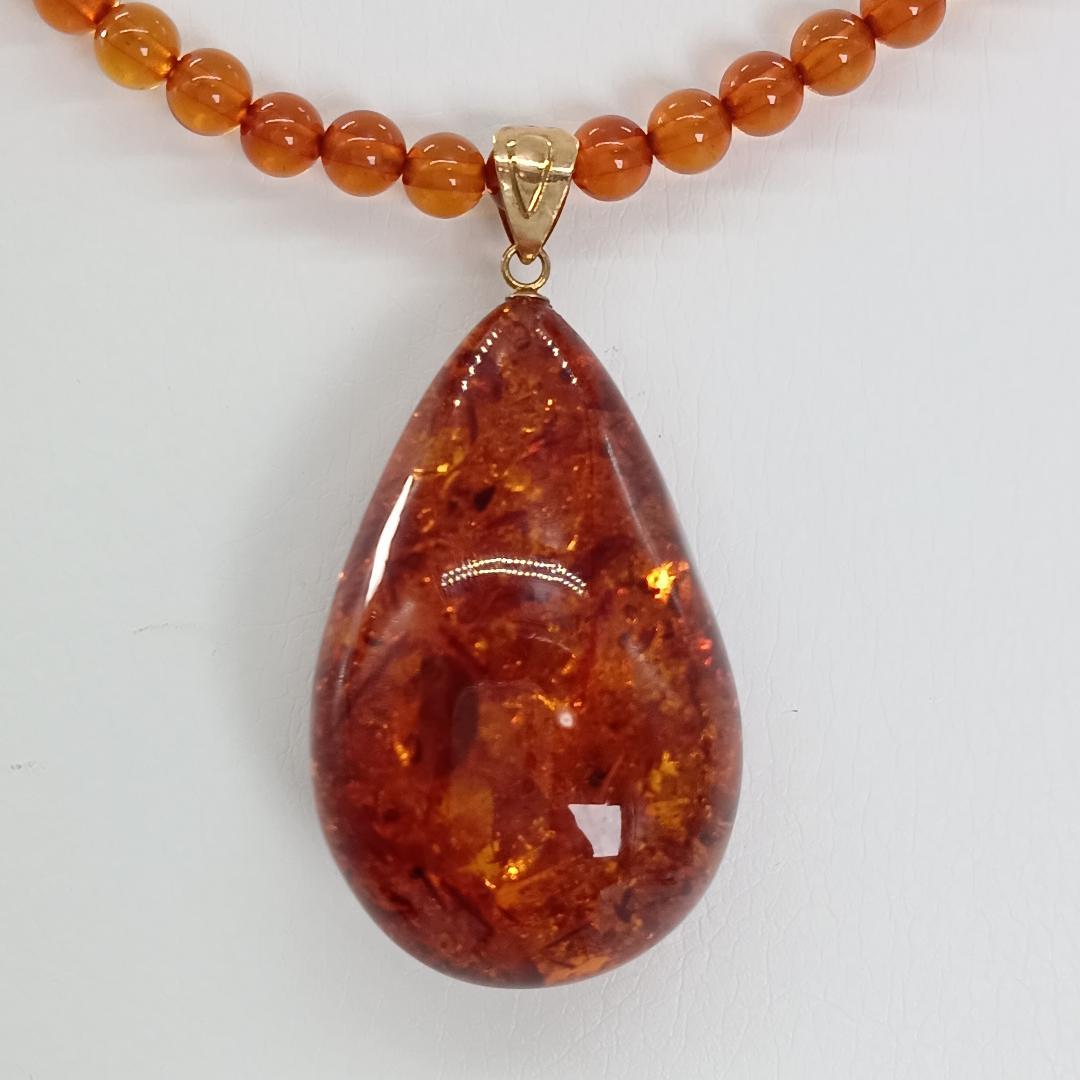琥珀 ネックレス 18K 天然石 アンバー パワーストーン 18金 しずく型