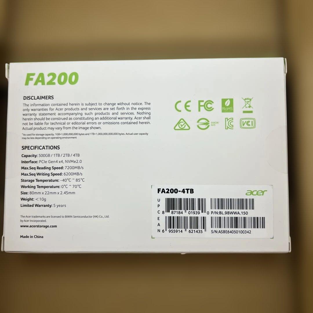 360 4TB Acer M.2 SSD FA200 PCIe Gen4×4