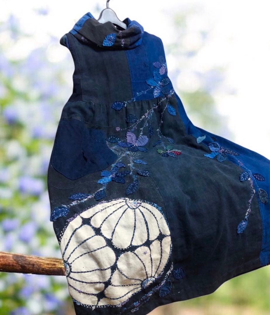 藍染古布＋藍染家紋古布＋古布色々ワンピース　スヌード付き