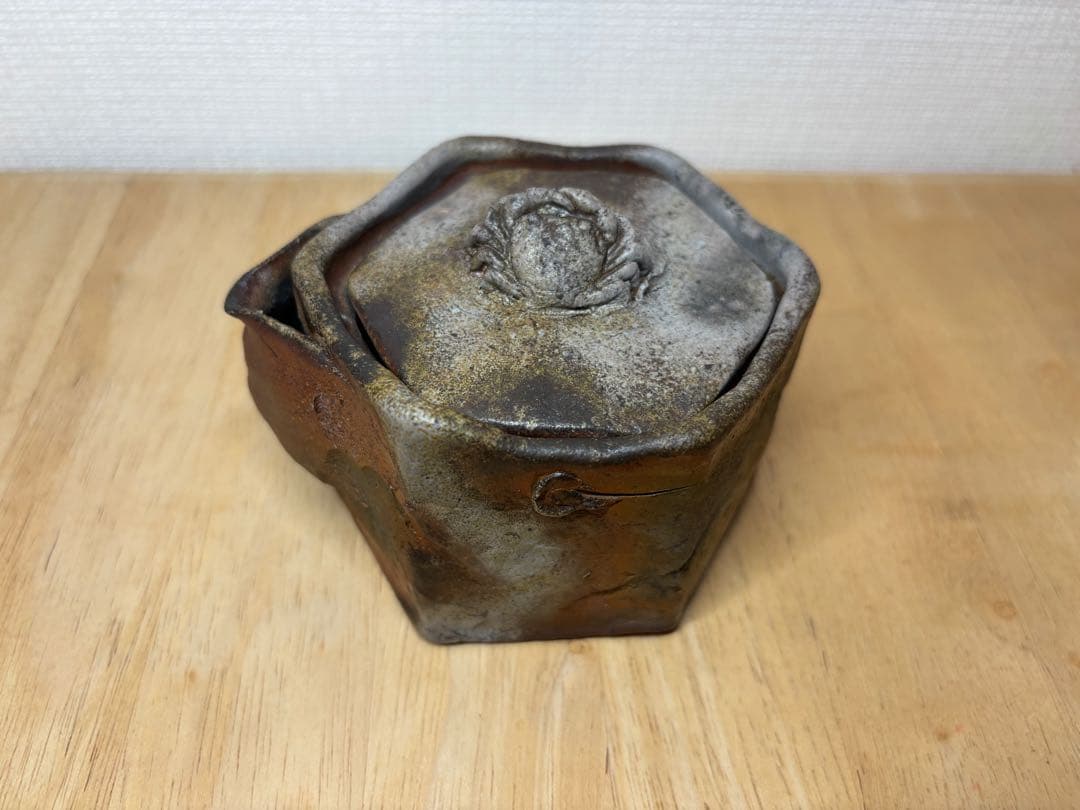 ㊿備前焼 宝瓶 登り窯 蟹 かに カニ 6角 手びねり 急須