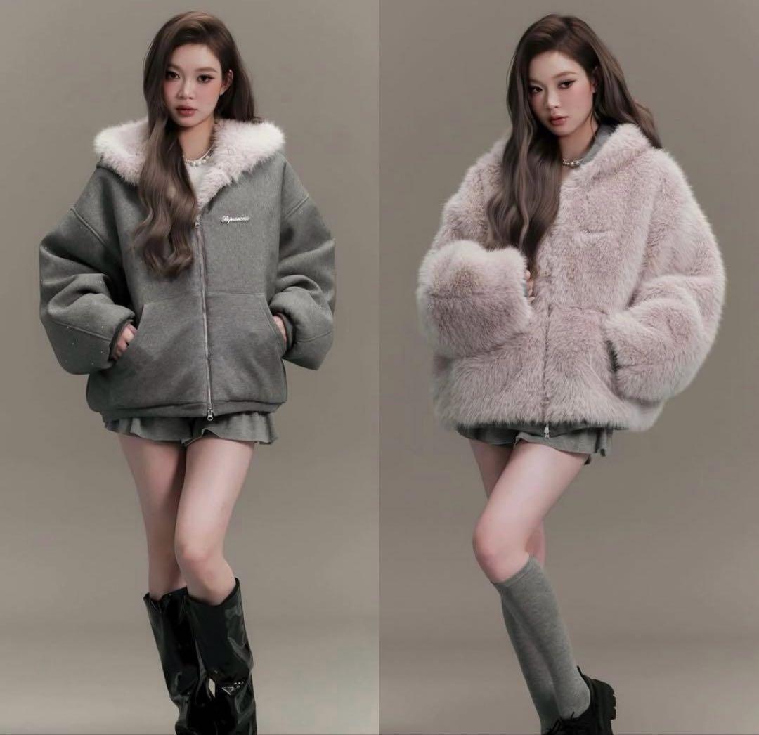 ジャケット・アウター andwang Kirakira 2way fur zip up beige
