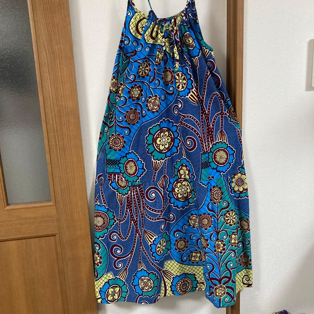 アフリカンバティックワンピースjuaキャミワンピブルー花瓶柄