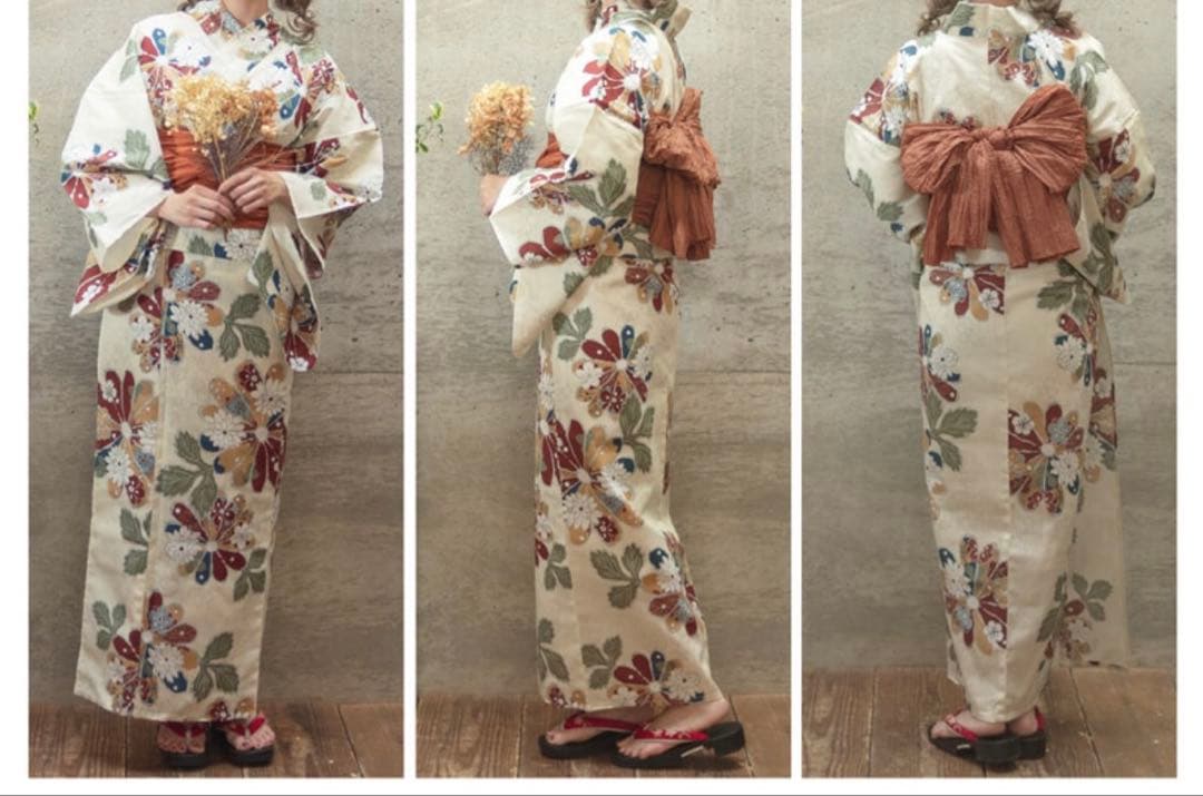 古典菊浴衣 5点セット ／ゆかた・しわ兵児帯・下駄・着付け本・腰ひも