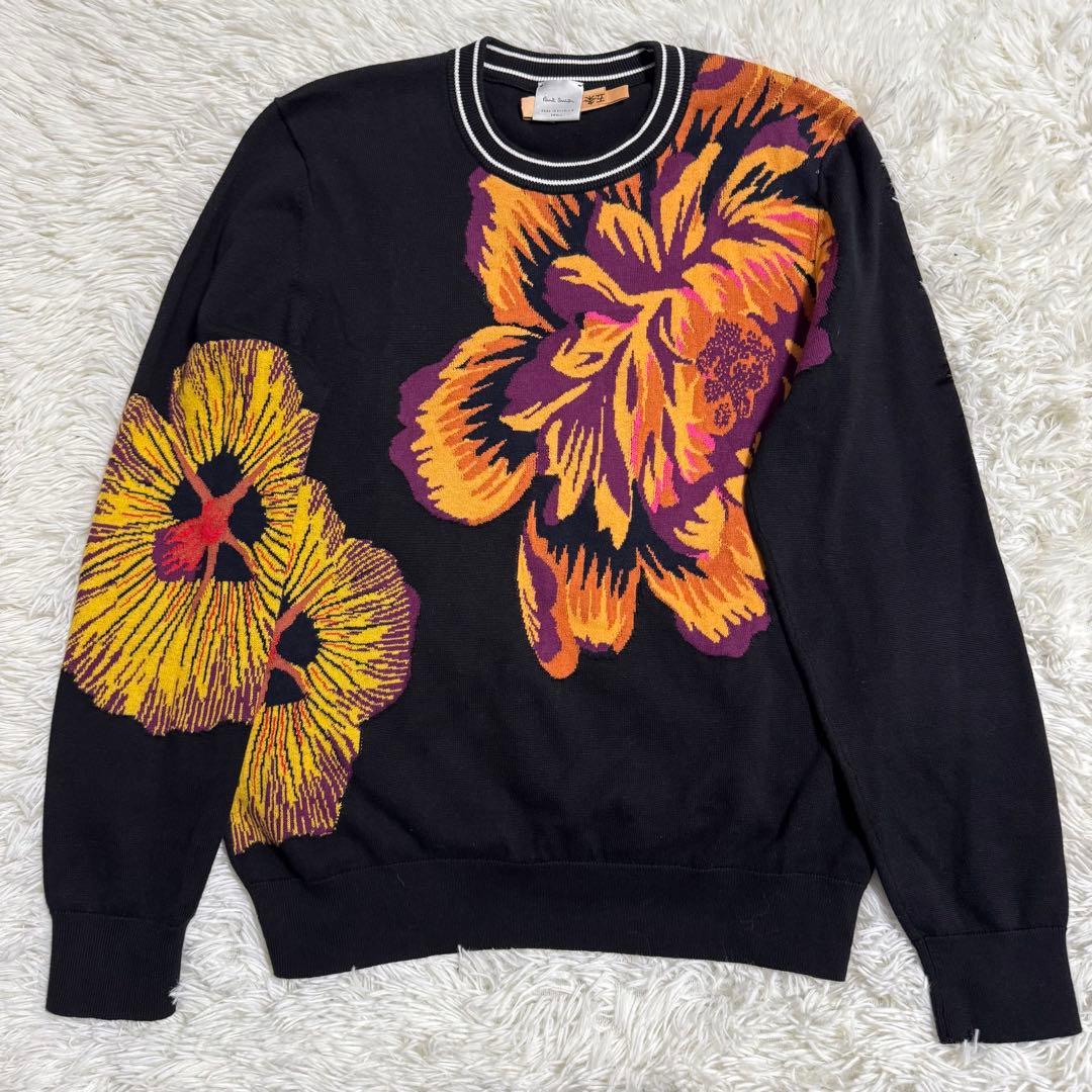【美品】ポールスミス クルーネック ニット セーター ブラック 鯉 花柄 S