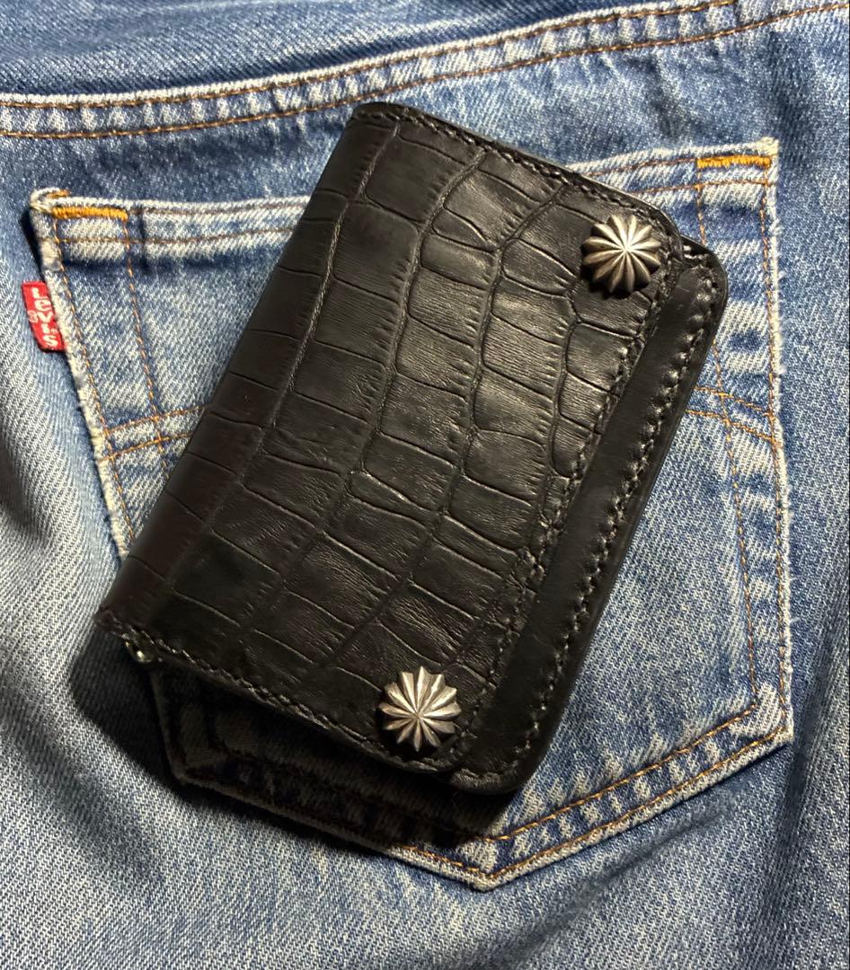 トラッカーウォレット　ショート　クロコ型押し×シルバー925アポロコンチョ