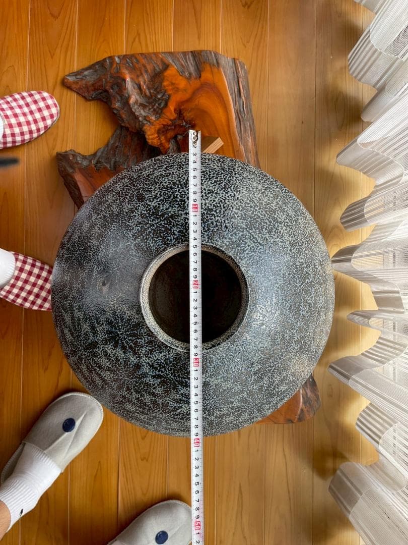 一の瀬焼丸太窯 木製台座付き 作家名サインあり